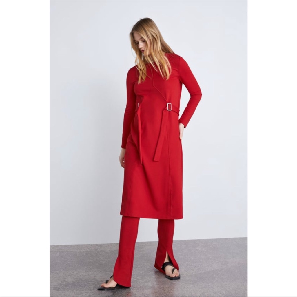 zara red belted dress BELTED MIDI DRESS - Red
